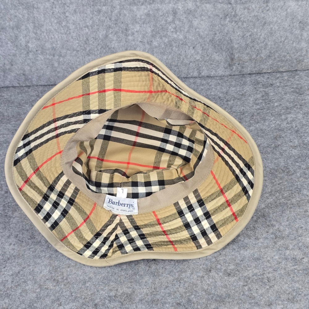 Burberry Bucket Hat Womens 7 Tan Ruched Nova Check Lining Vintage England Clean! - Picture 2 of 16